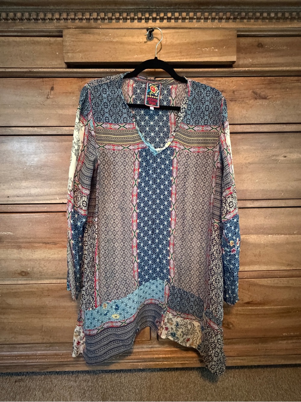 Johnny Was Boho Patchwork Tunic Top in Navy & Cream Size L